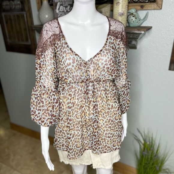 BCBG Maxazria Sheer Blue Brown Leopard Print Blouse Top Size Medium - Picture 2 of 15